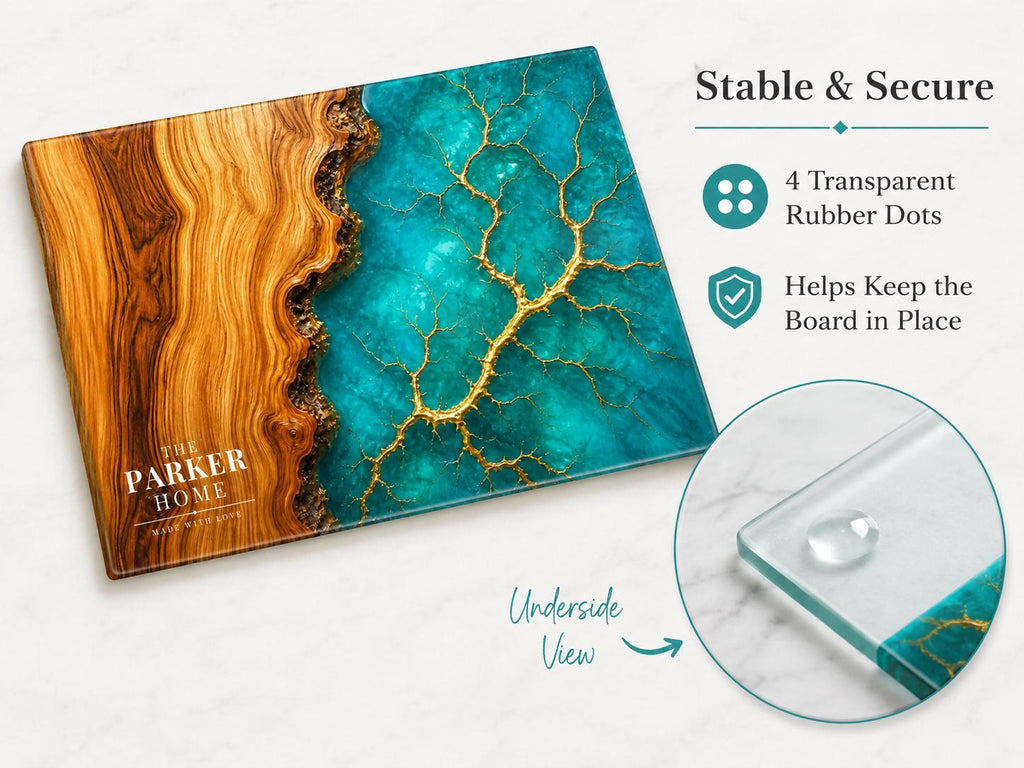 Personalized Glass Charcuterie Board, Teal Wood Look Serving Board, Custom Cheese Board Gift for Wedding or Housewarming
