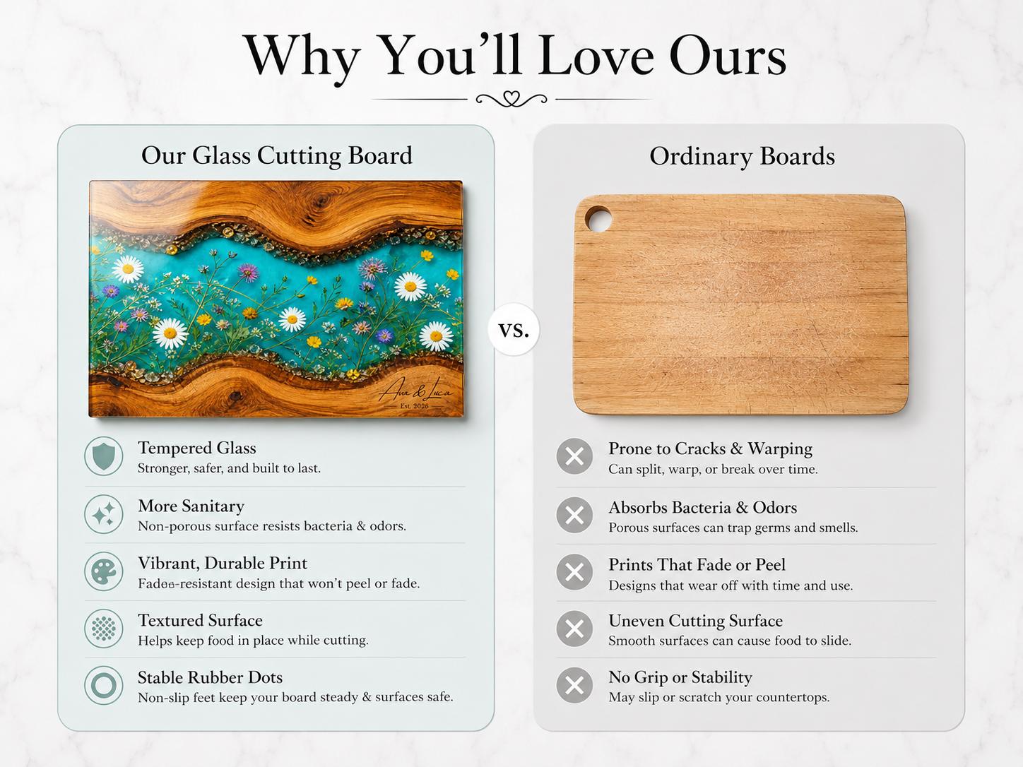 Personalized Turquoise Floral Glass Board, Custom Couple Cutting Board, Wildflower Kitchen Gift
