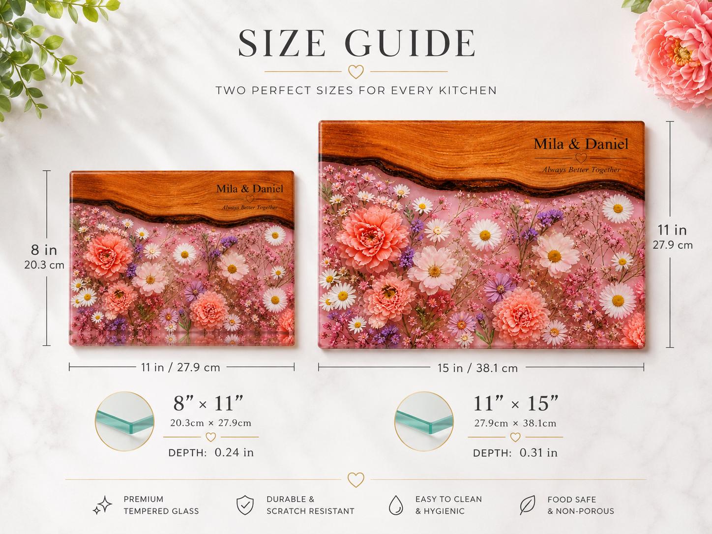 Personalized Glass Cutting Board, Pink Floral Tempered Glass Board, Custom Couple Wedding Gift
