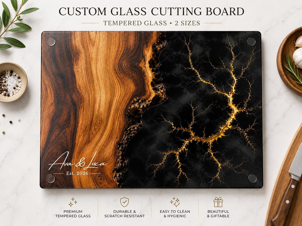 Personalized Glass Cutting Board, Purple Geode, Gold Accents (2 Sizes)