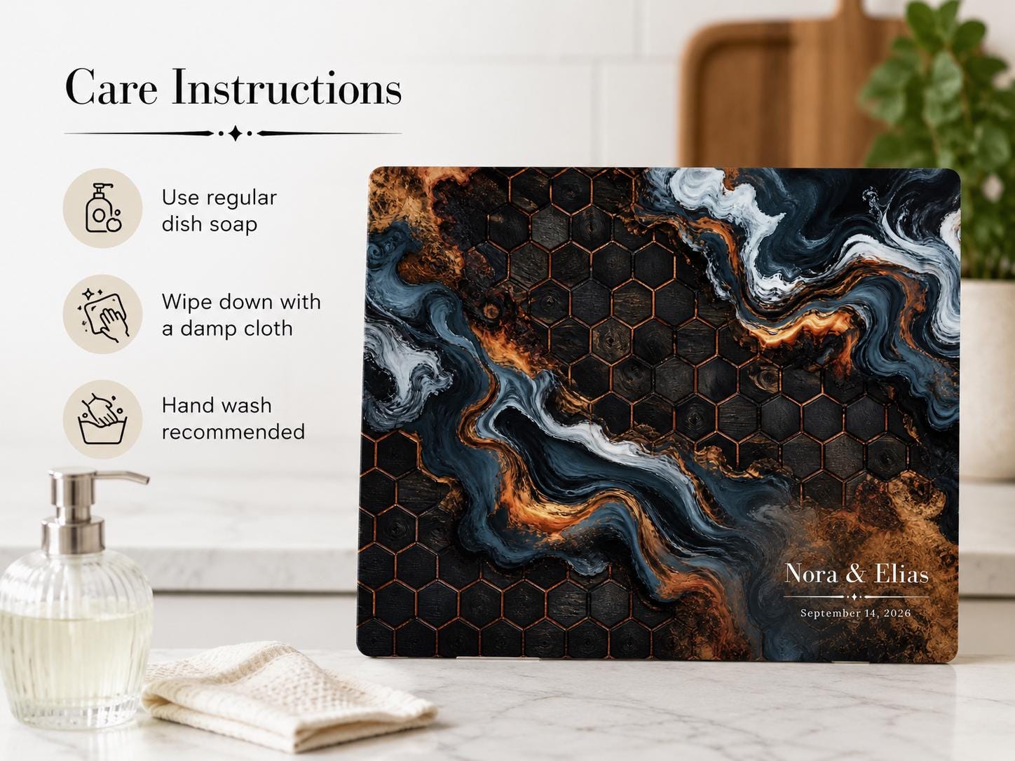 Custom Glass Cutting Board - Blue Resin Style with Gold Detail