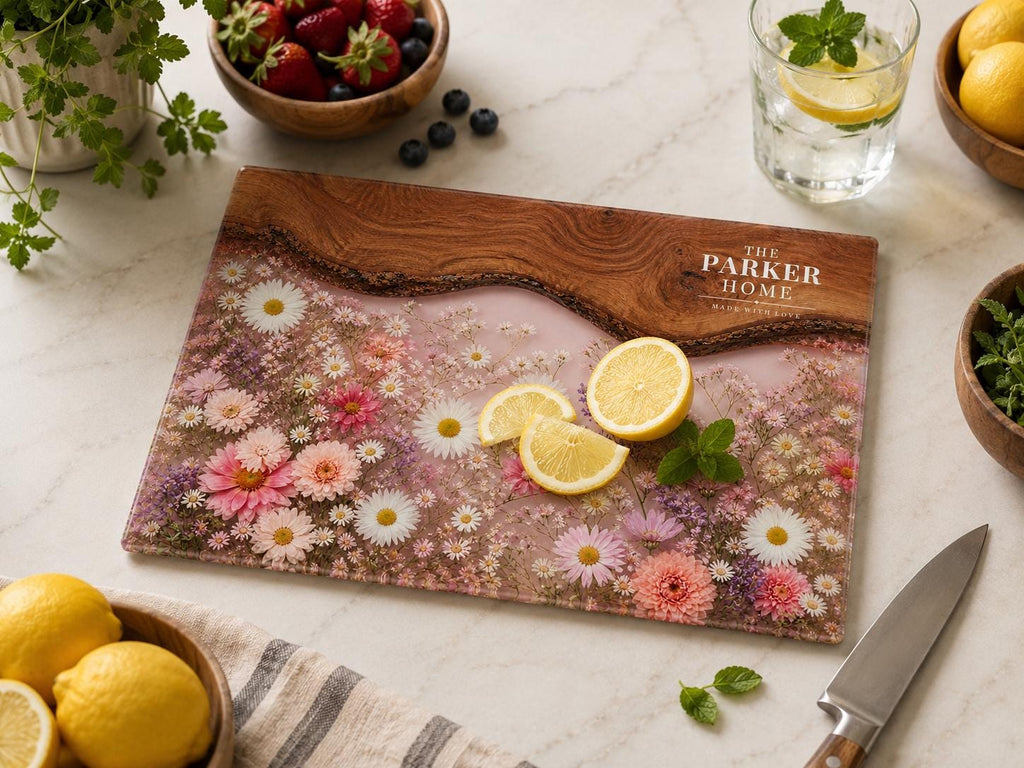 Personalized Glass Cutting Board: Purple Geode Design with Names