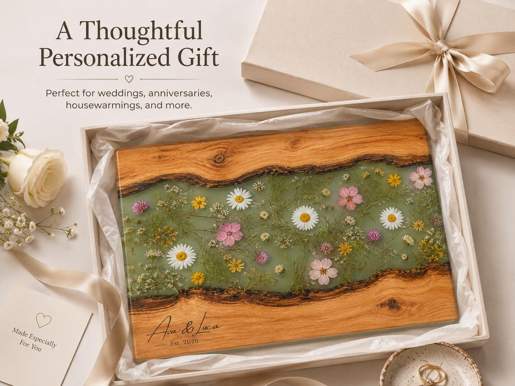 Custom Glass Cutting Board - Blue Resin Style with Gold Details