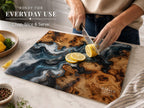 Personalized Glass Cutting Board: Blue Resin Look with Gold Accents