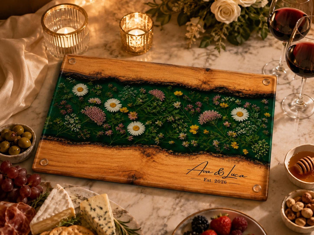 Custom Glass Cutting Board: Blue Resin Style - Personalized Names Included
