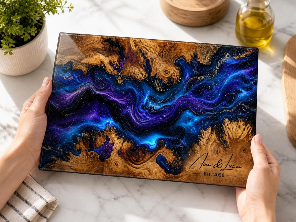 Personalized Glass Charcuterie Board, Blue Purple Galaxy Serving Board, Custom Couple Name Cutting Board Gift