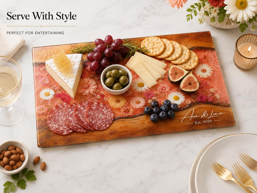 Personalized Floral Kitchen Decor Board, Coral Wildflower Serving Board, Custom Couple Housewarming Gift
