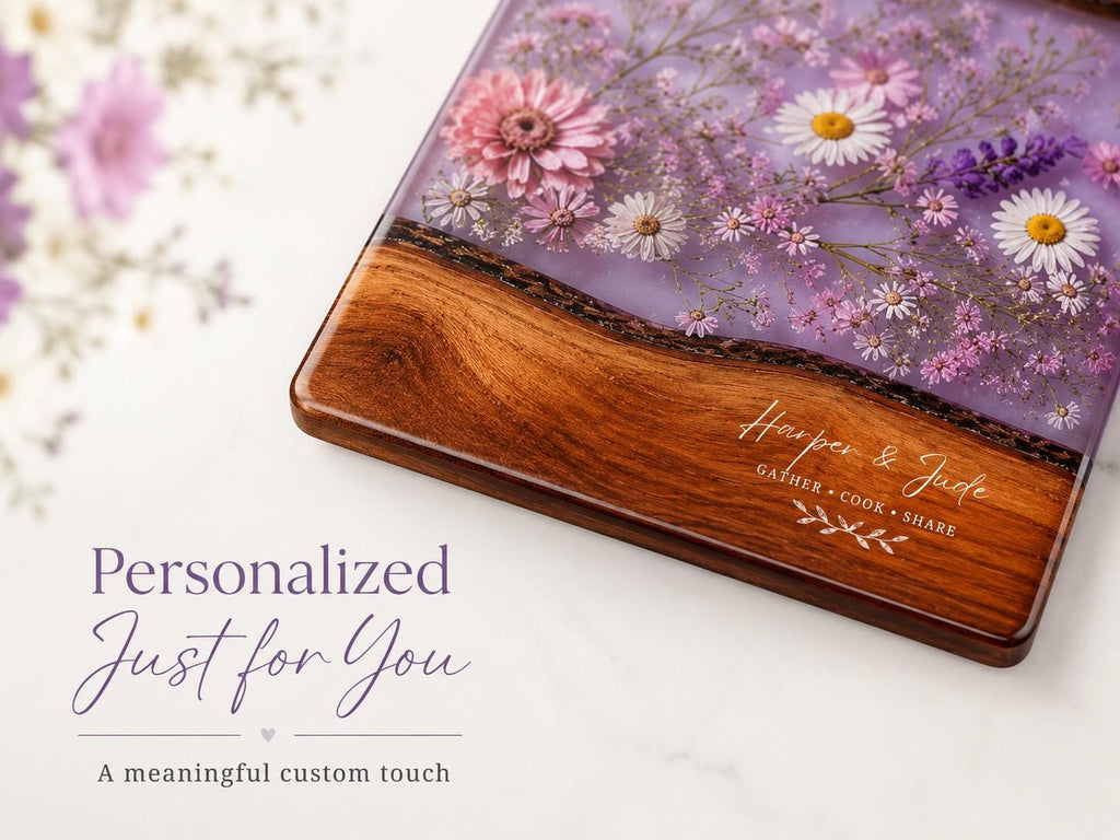 Personalized Floral Cutting Board, Purple Wildflower Glass Board, Custom Kitchen Gift for Housewarming
