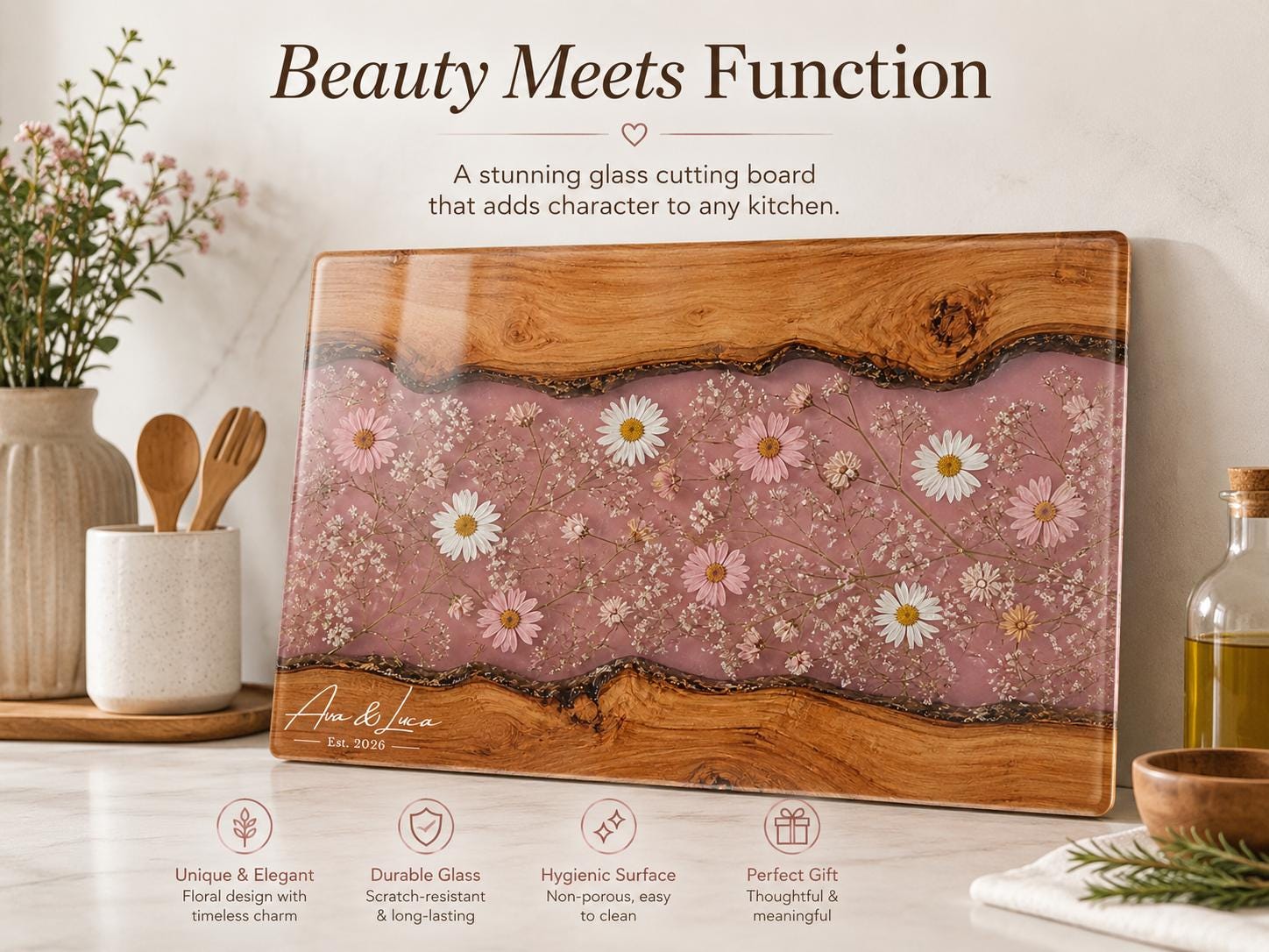 Custom Cutting Board: Blue Resin Style - Tempered Glass, Personalized Names