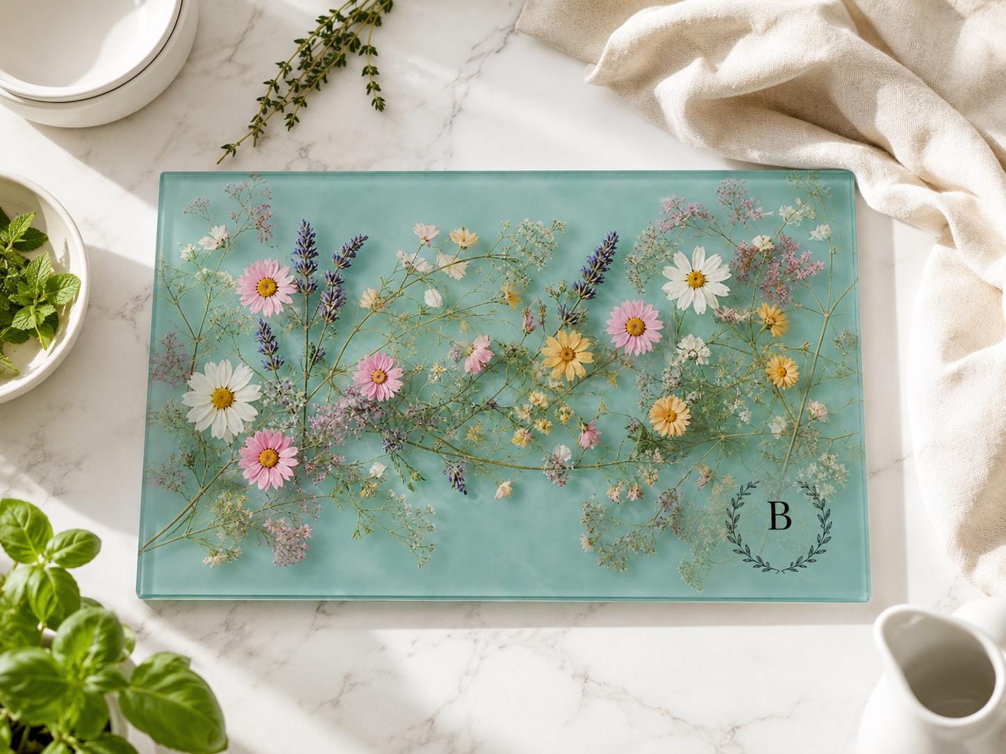 Personalized Glass Cutting Board: Blue Resin Look with Gold Accents