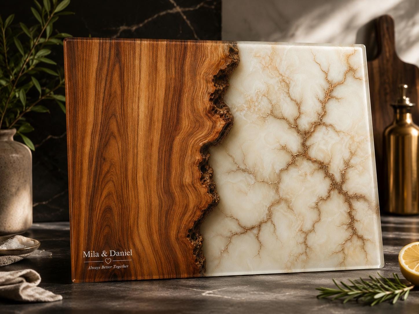 Custom Glass Cutting Board - Purple Geode Design with Gold Accents