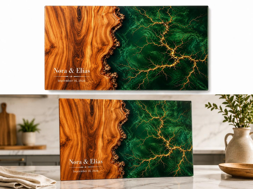 Personalized Wedding Charcuterie Board, Emerald Green Glass Serving Board, Custom Couple Cheese Board Gift