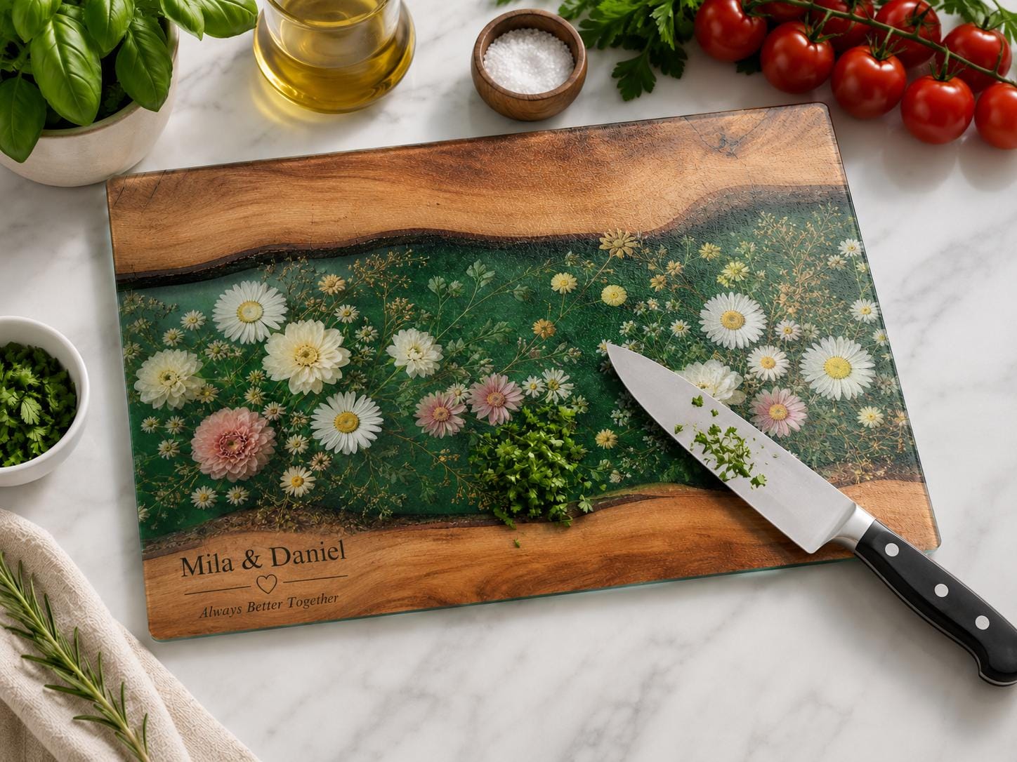 Personalized Floral Cutting Board, Green Daisy Glass Board, Custom Couple Kitchen Gift