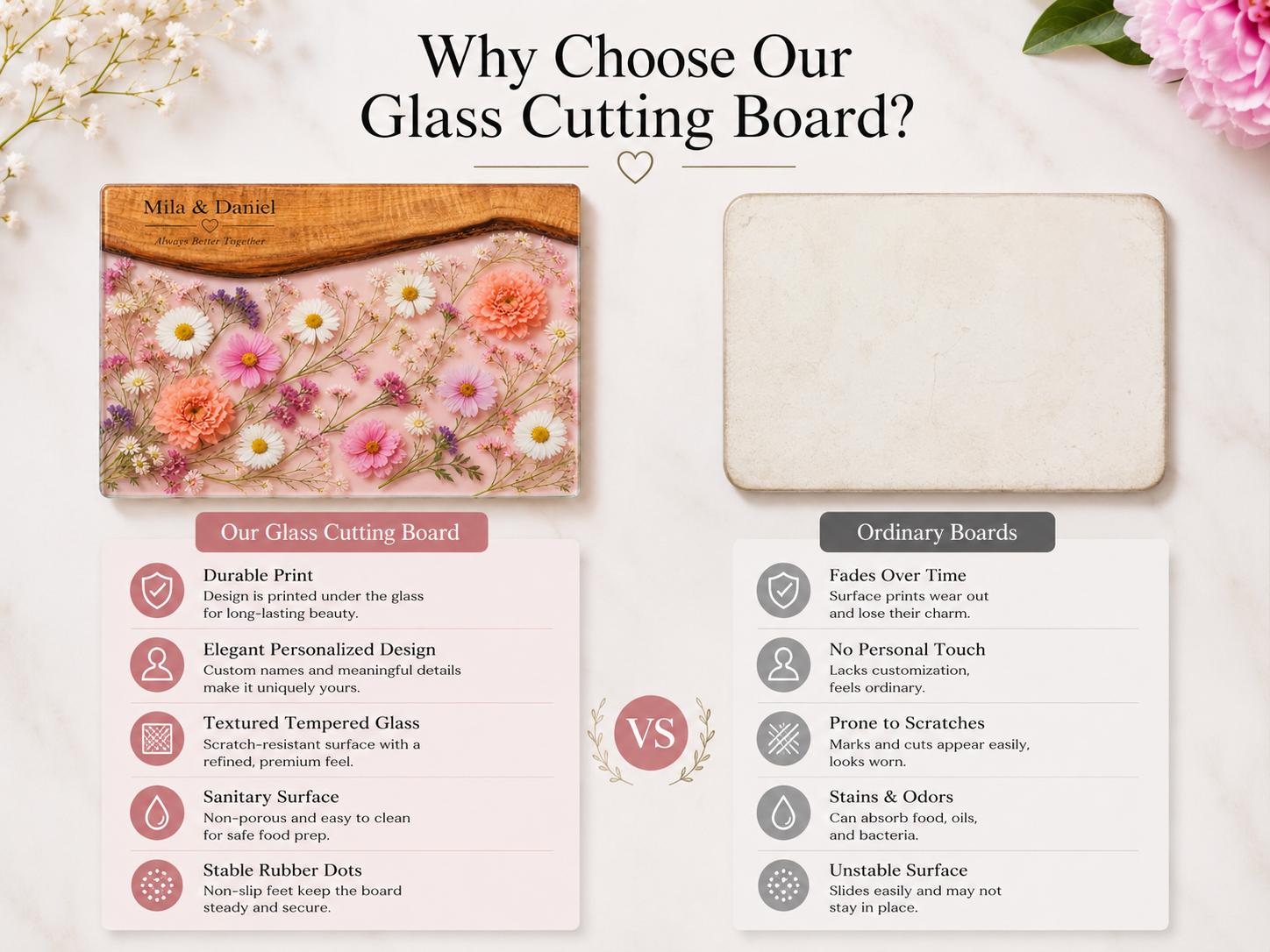 Personalized Floral Charcuterie Board, Pink Glass Serving Board, Custom Couple Cheese Board Gift