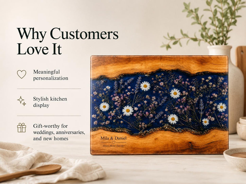 Personalized Glass Cutting Board: Blue Resin Look with Gold Accents