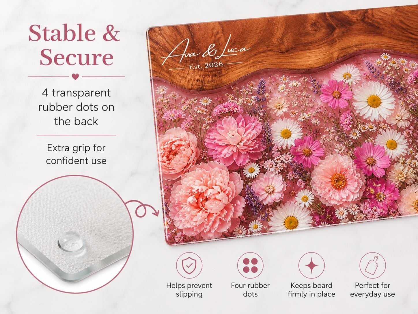 Personalized Floral Cutting Board, Pink Wildflower Glass Board, Custom Kitchen Gift