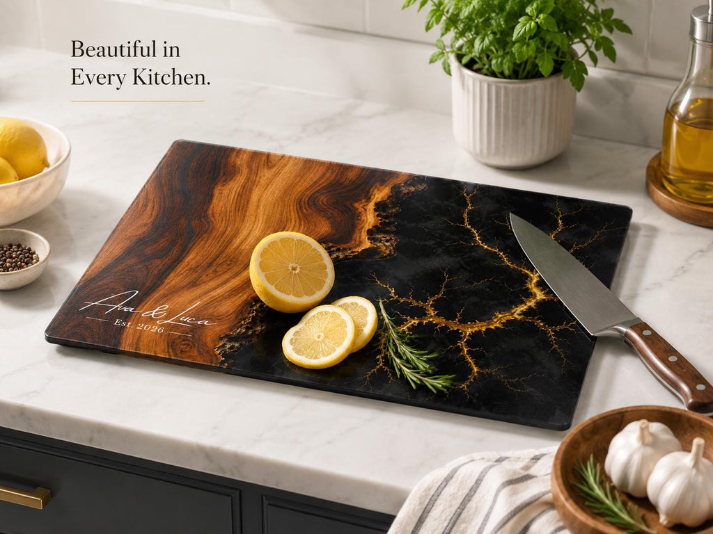 Personalized Glass Cutting Board, Purple Geode, Gold Accents (2 Sizes)