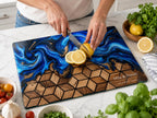Custom Glass Cutting Board: Blue Resin Style - Names and Dates Included