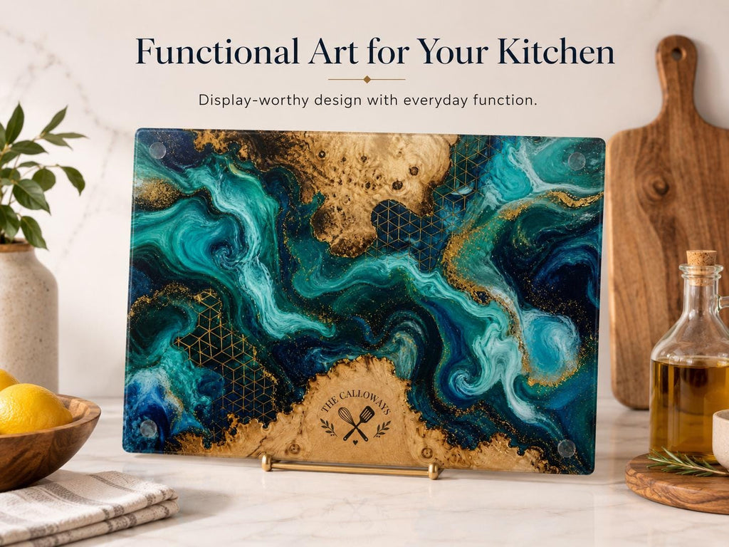 Personalized Glass Cutting Board - Blue Resin Style with Gold Details