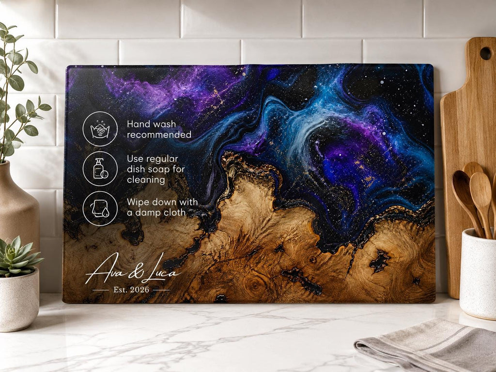 Custom Glass Cutting Board: Purple Geode Style - Personalized Names