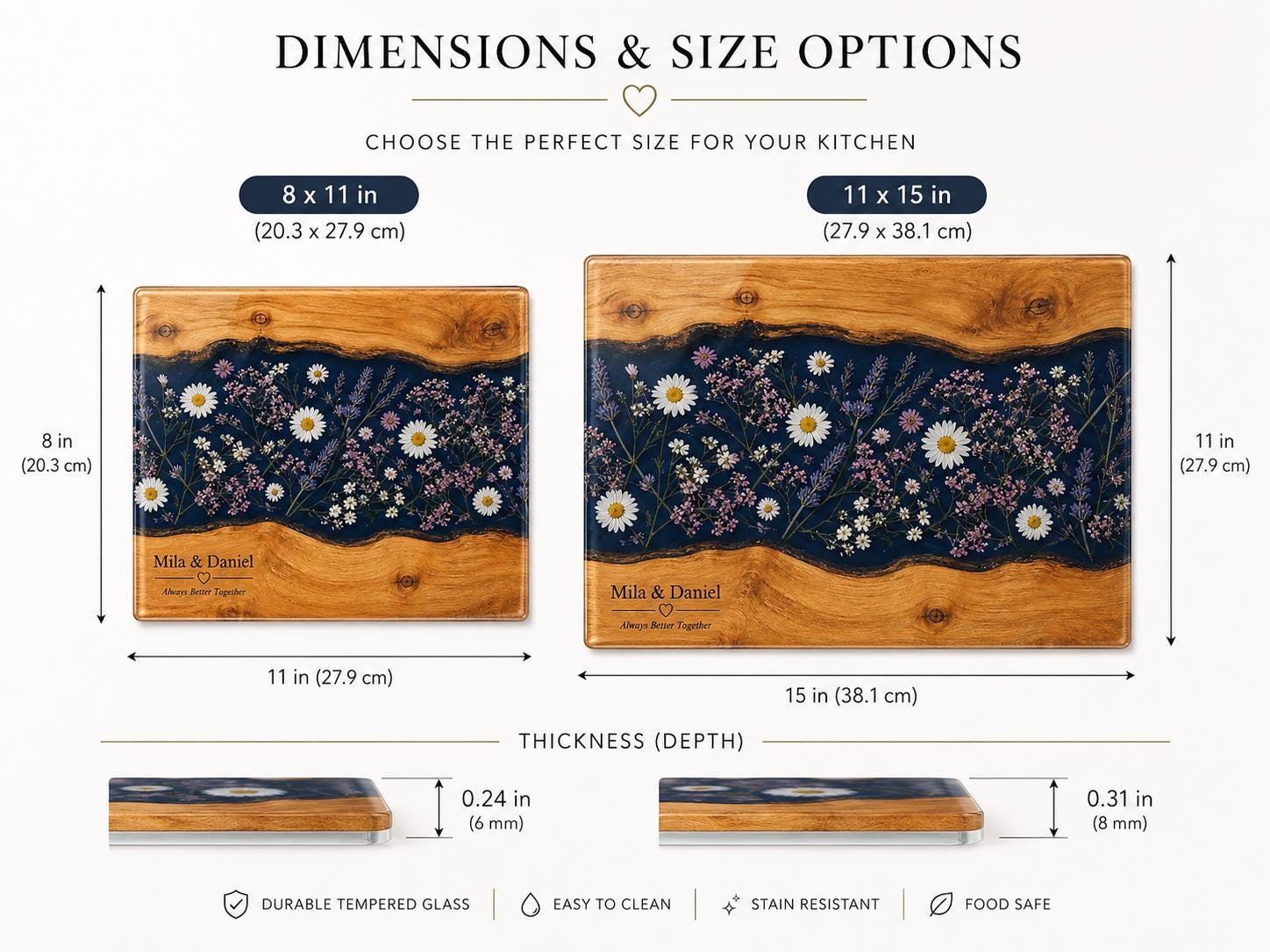 Personalized Glass Cutting Board, Blue Resin & Wood Design (8x11 or 11x15)