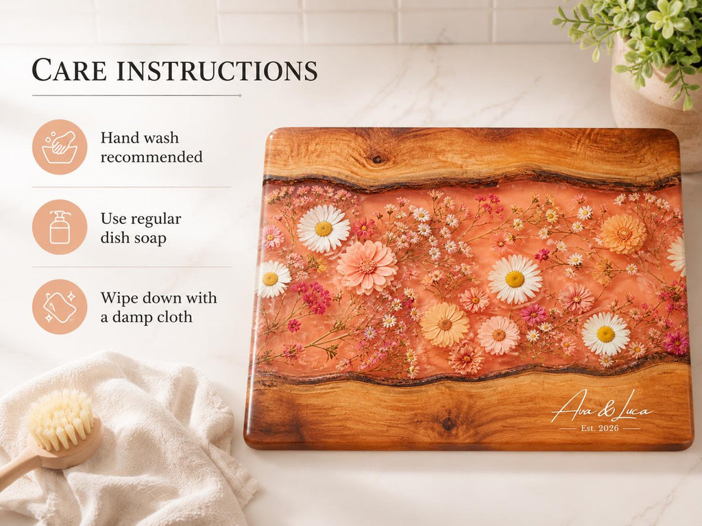 Personalized Floral Kitchen Decor Board, Coral Wildflower Serving Board, Custom Couple Housewarming Gift