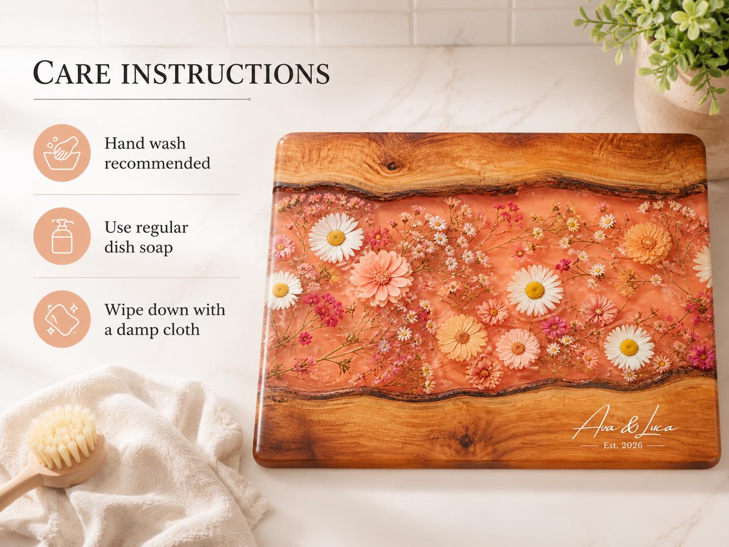 Personalized Floral Kitchen Decor Board, Coral Wildflower Serving Board, Custom Couple Housewarming Gift