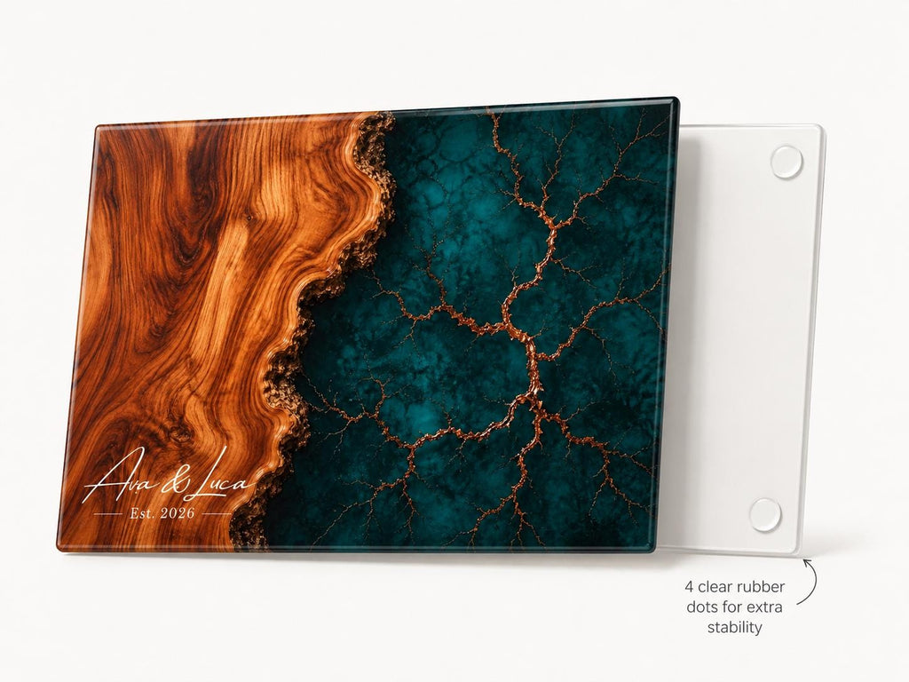 Personalized Charcuterie Board, Dark Teal Marble Glass Cutting Board, Custom Couple Gift