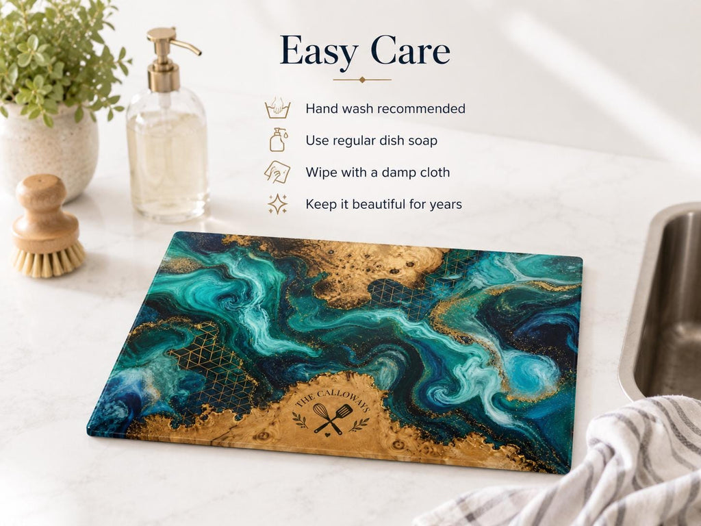 Personalized Glass Cutting Board - Blue Resin Style with Gold Details