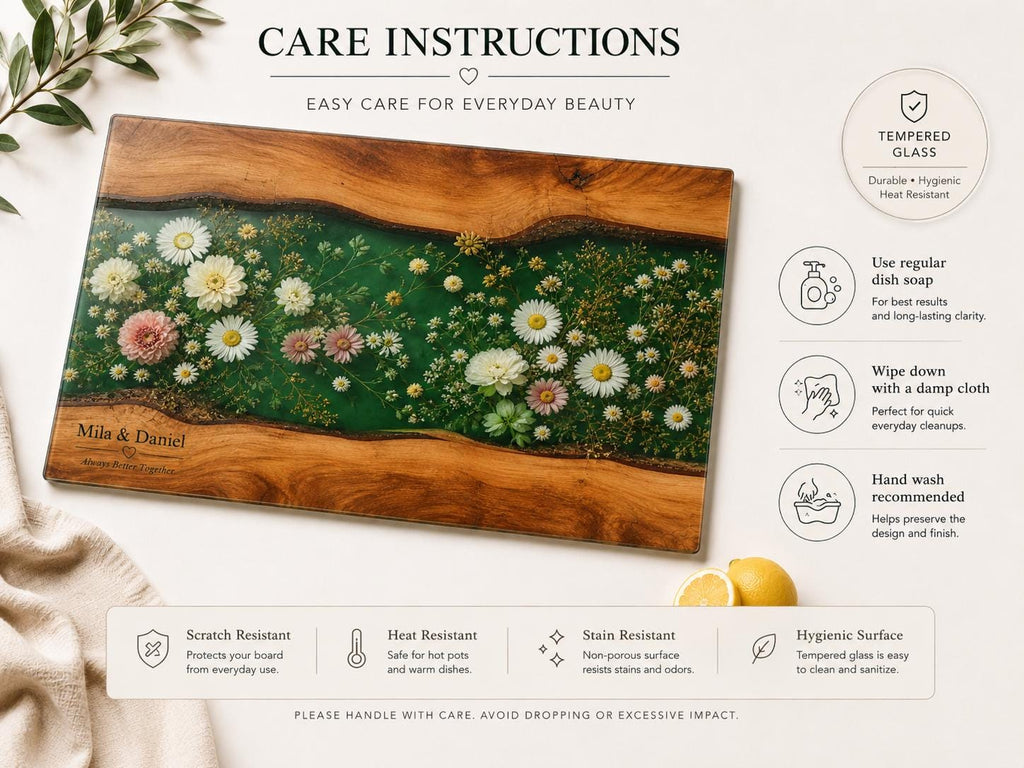 Personalized Floral Cutting Board, Green Daisy Glass Board, Custom Couple Kitchen Gift