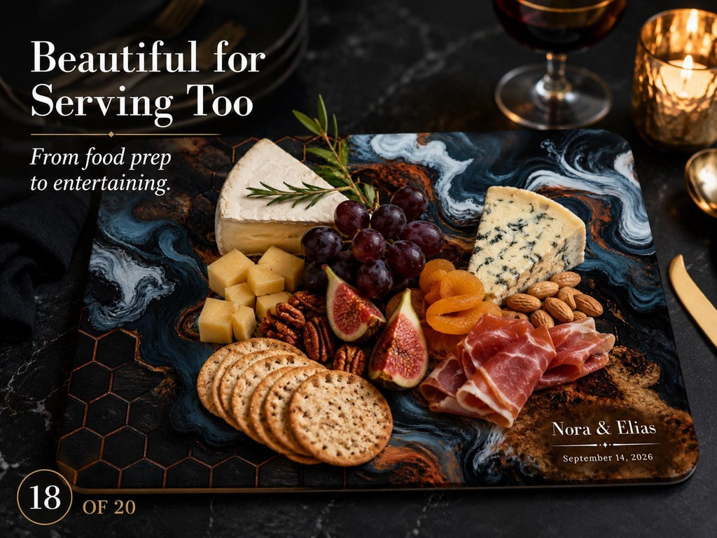 Custom Glass Cutting Board - Blue Resin Style with Gold Detail