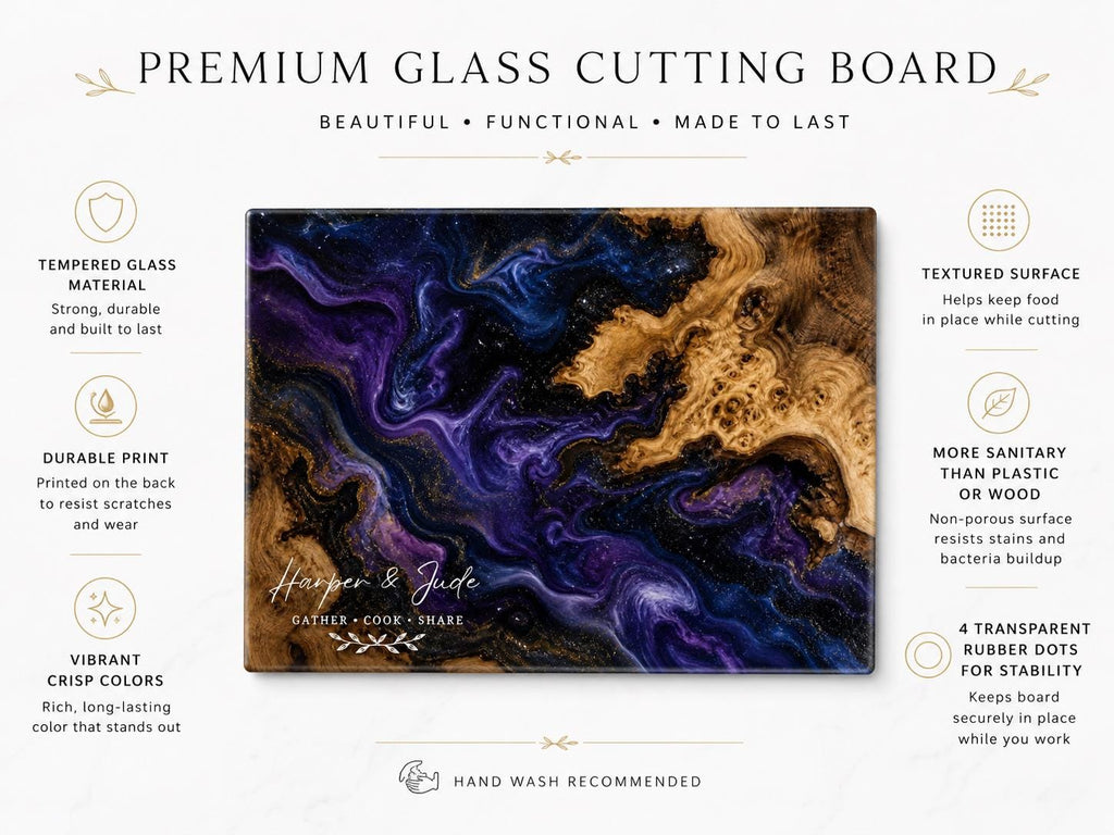 Glass Cutting Board: Personalized Blue Resin Style (Wedding or Housewarming)