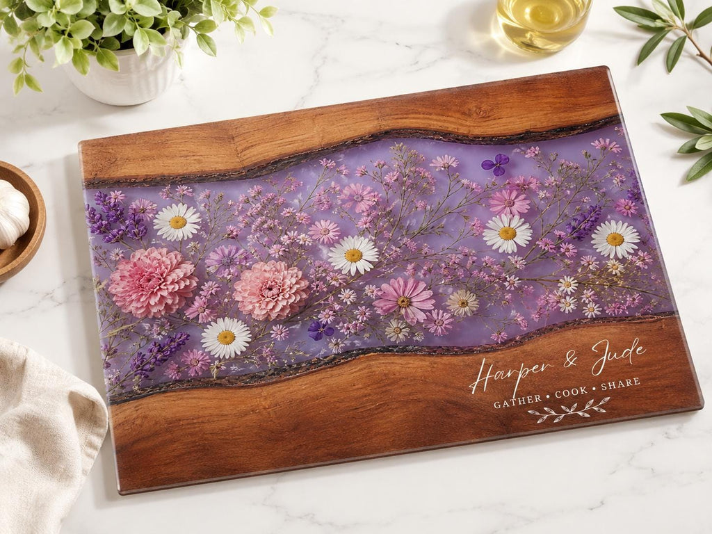 Personalized Floral Cutting Board, Purple Wildflower Glass Board, Custom Kitchen Gift for Housewarming