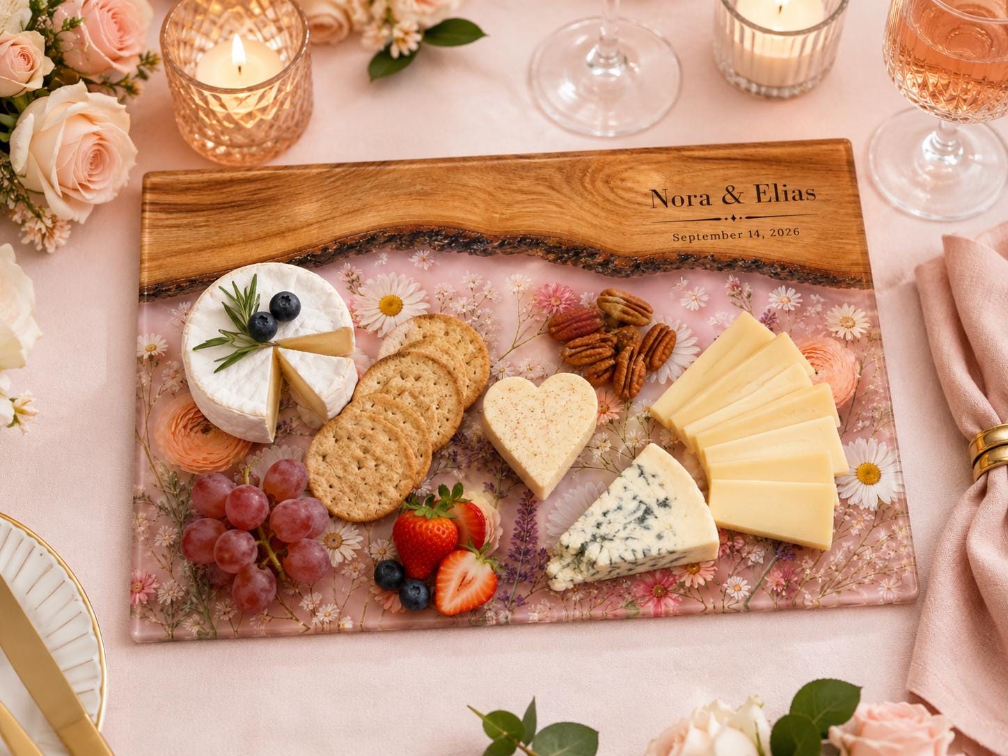 Glass Cutting Board - Purple Geode Design with Custom Couple Names