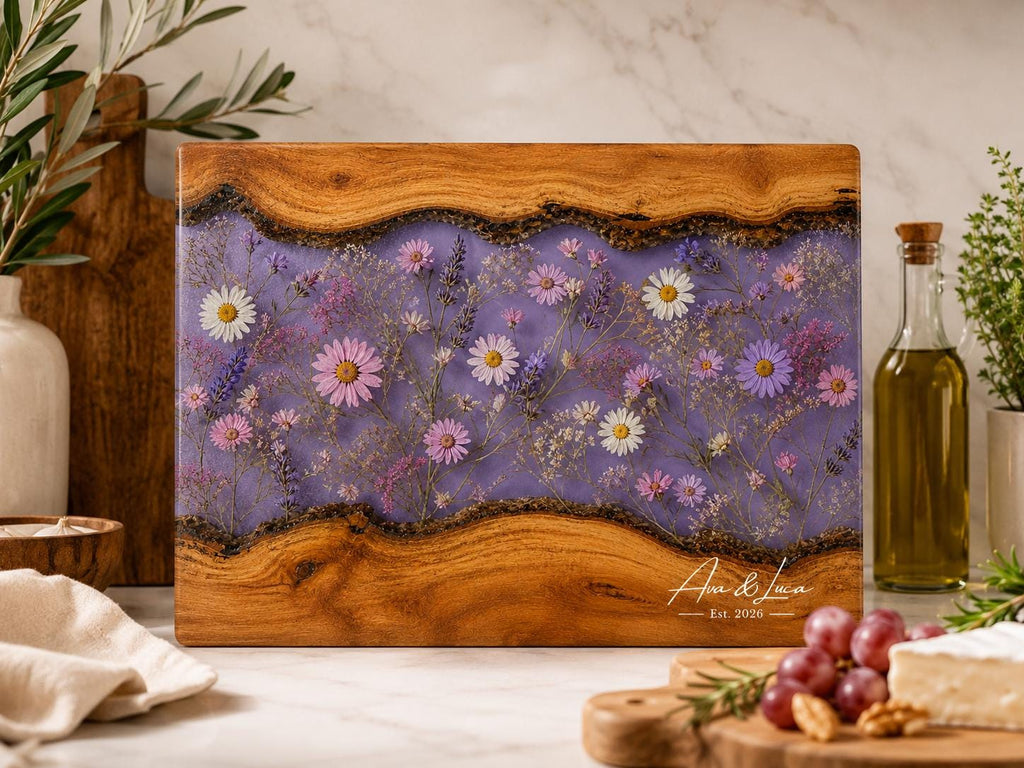 Glass Charcuterie Board - Custom Names, Blue and Wood Grain Design