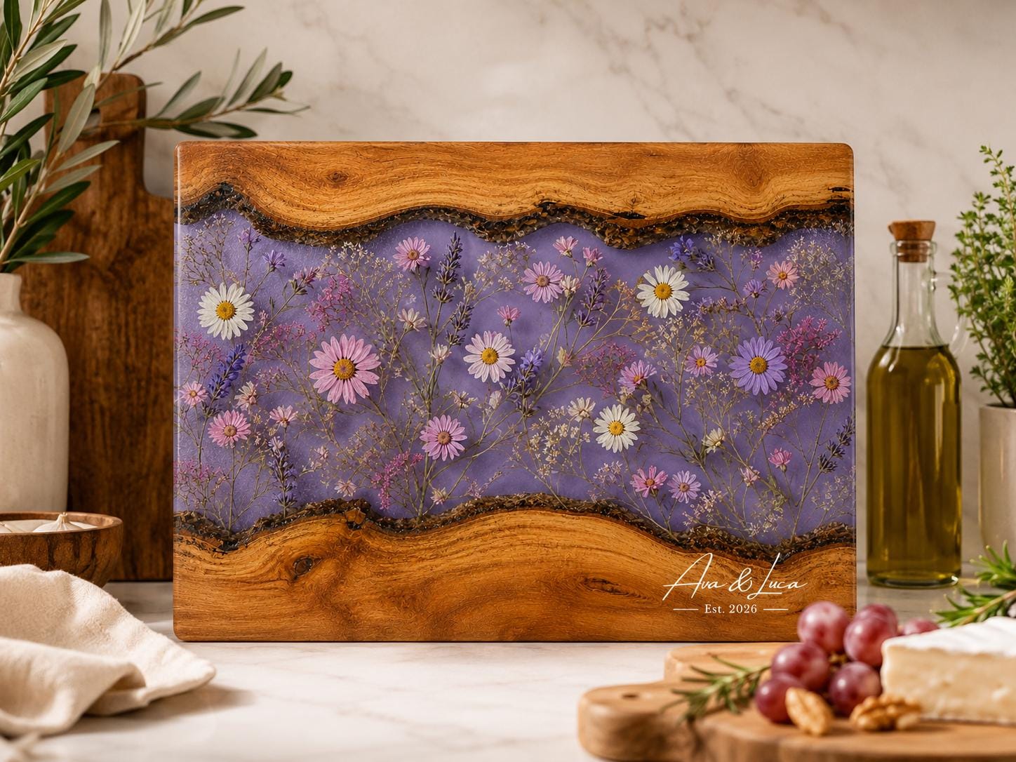 Glass Charcuterie Board - Custom Names, Blue and Wood Grain Design
