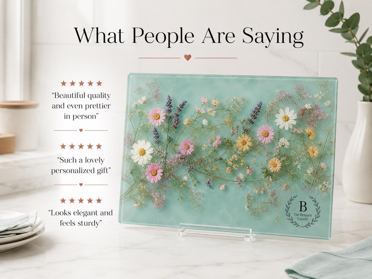 Personalized Glass Cutting Board: Blue Resin Look with Gold Accents