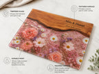 Personalized Glass Cutting Board, Pink Floral Tempered Glass Board, Custom Couple Wedding Gift