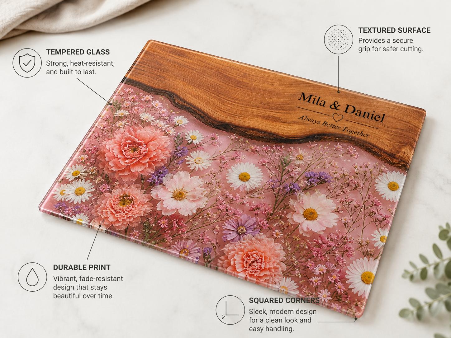 Personalized Glass Cutting Board, Pink Floral Tempered Glass Board, Custom Couple Wedding Gift