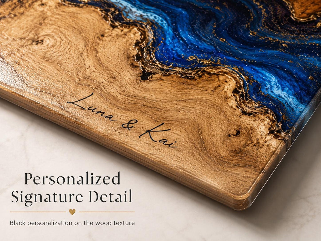 Personalized Glass Cutting Board, Blue Resin & Wood Design (8x11 or 11x15)