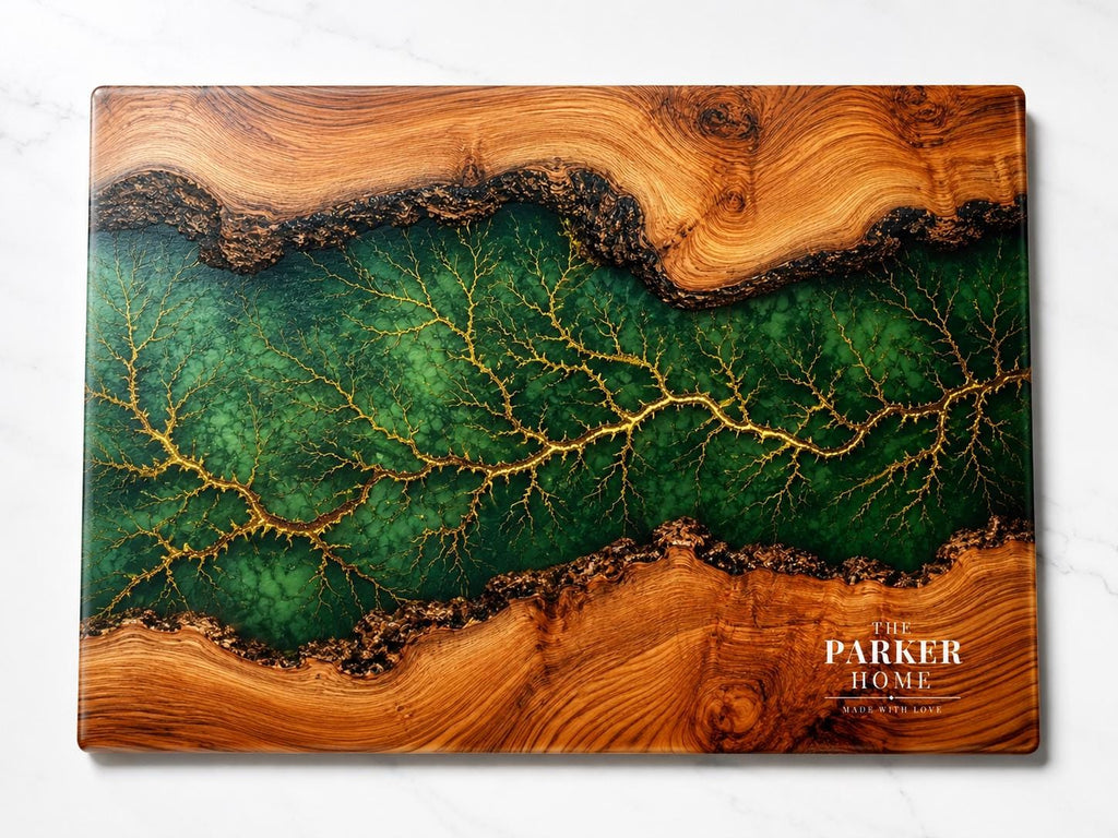 Personalized Emerald Geode Glass Board, Custom Family Kitchen Decor, Wood Look Housewarming Gift