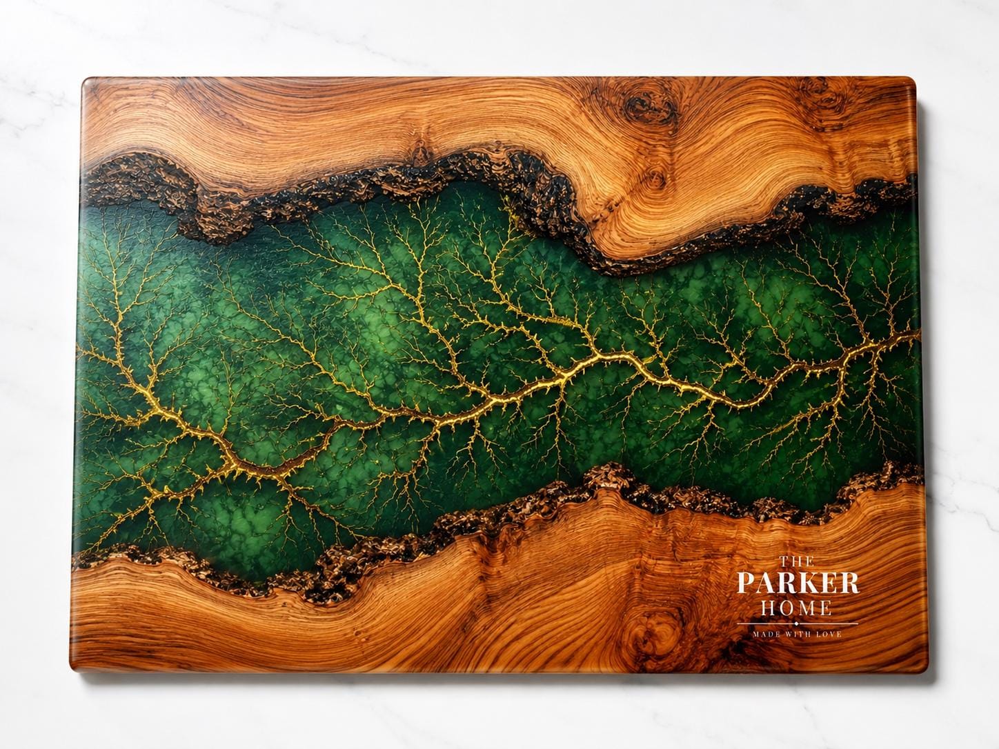 Personalized Emerald Geode Glass Board, Custom Family Kitchen Decor, Wood Look Housewarming Gift