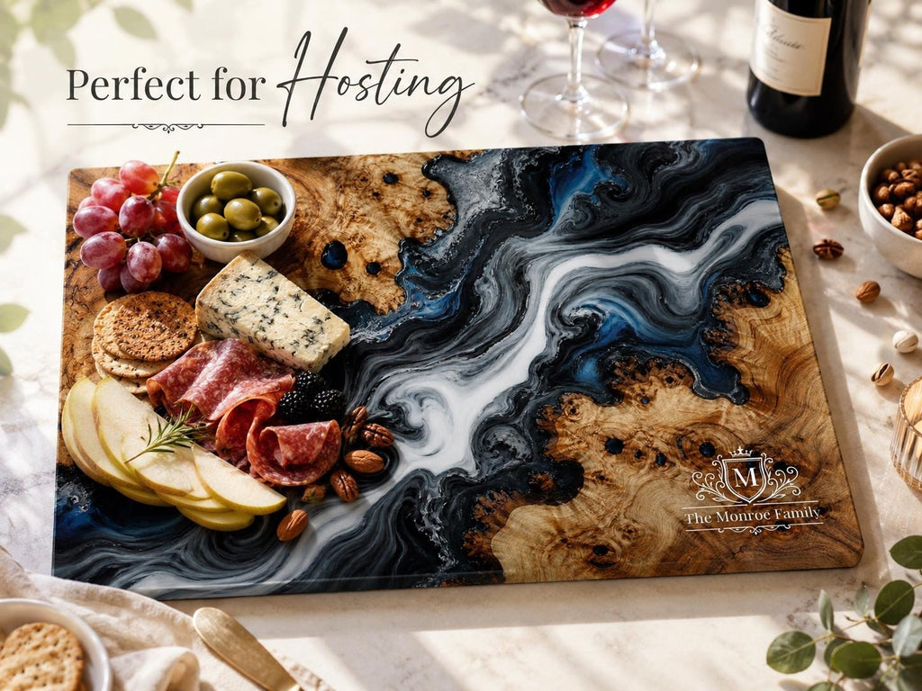 Personalized Glass Cutting Board - Purple Geode Art with Custom Names