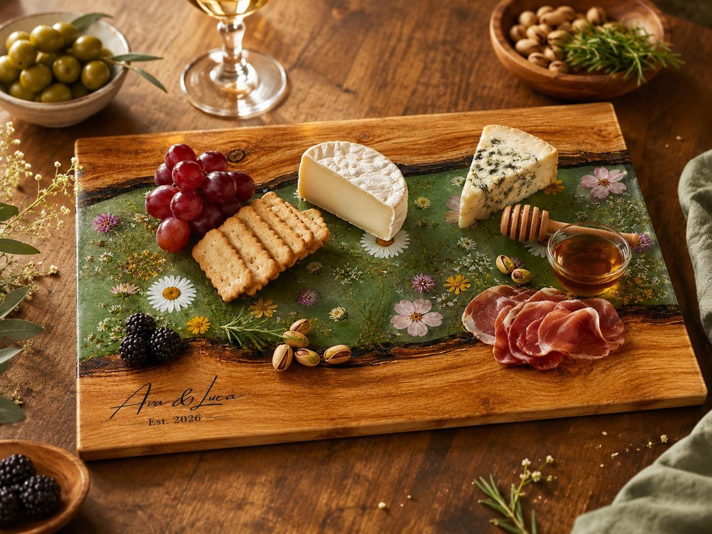 Custom Glass Cutting Board - Blue Resin Style with Gold Details