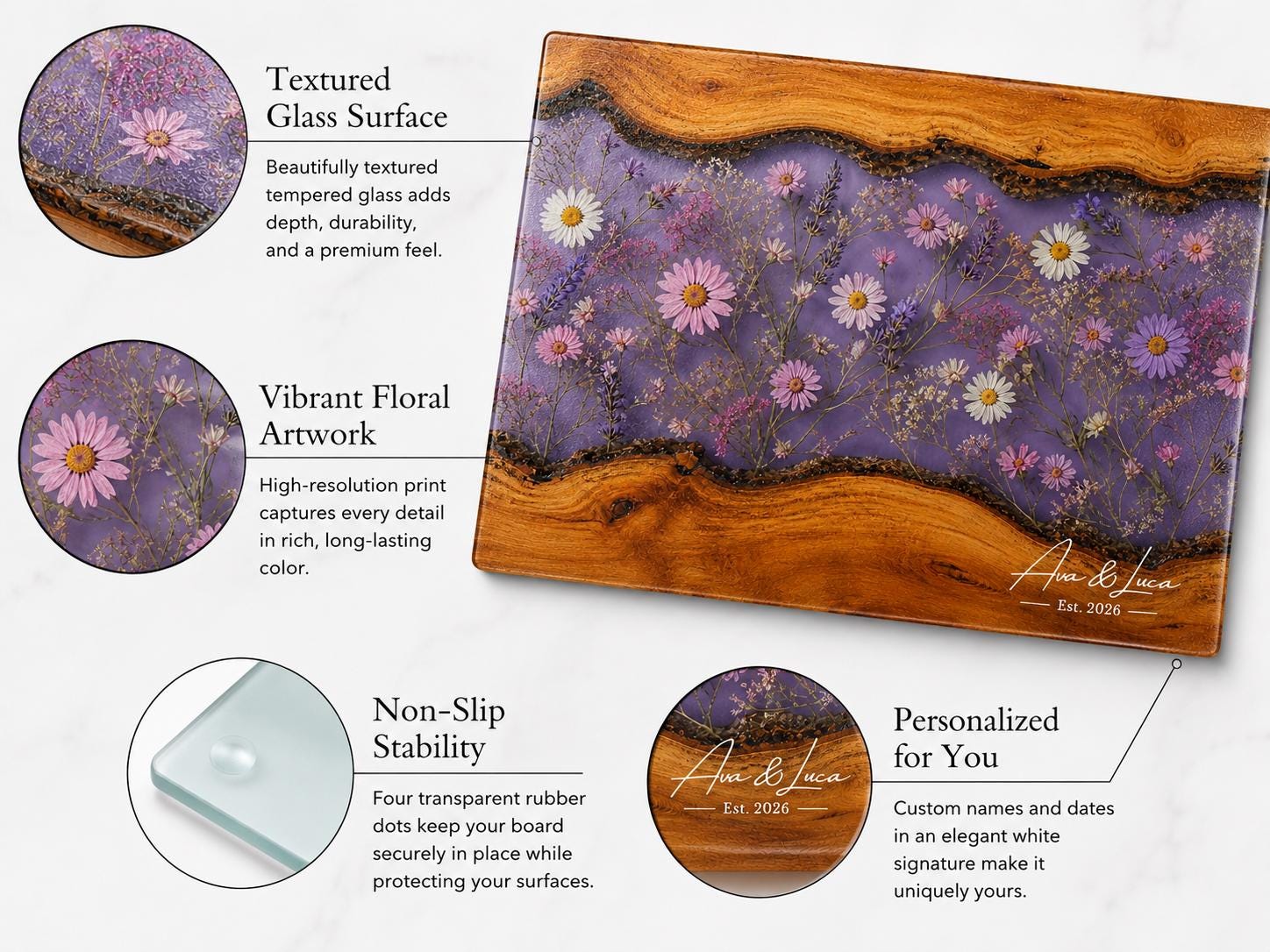 Glass Charcuterie Board - Custom Names, Blue and Wood Grain Design