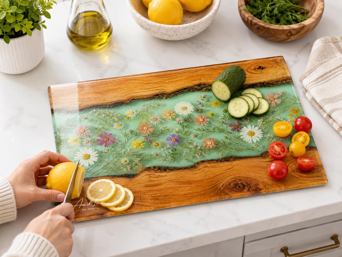 Custom Chopping Board with Names, Mint Floral Glass Cutting Board, Personalized Kitchen Gift