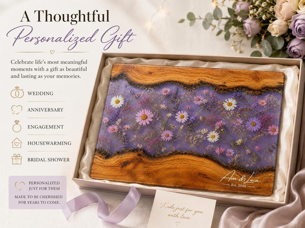 Glass Charcuterie Board - Custom Names, Blue and Wood Grain Design