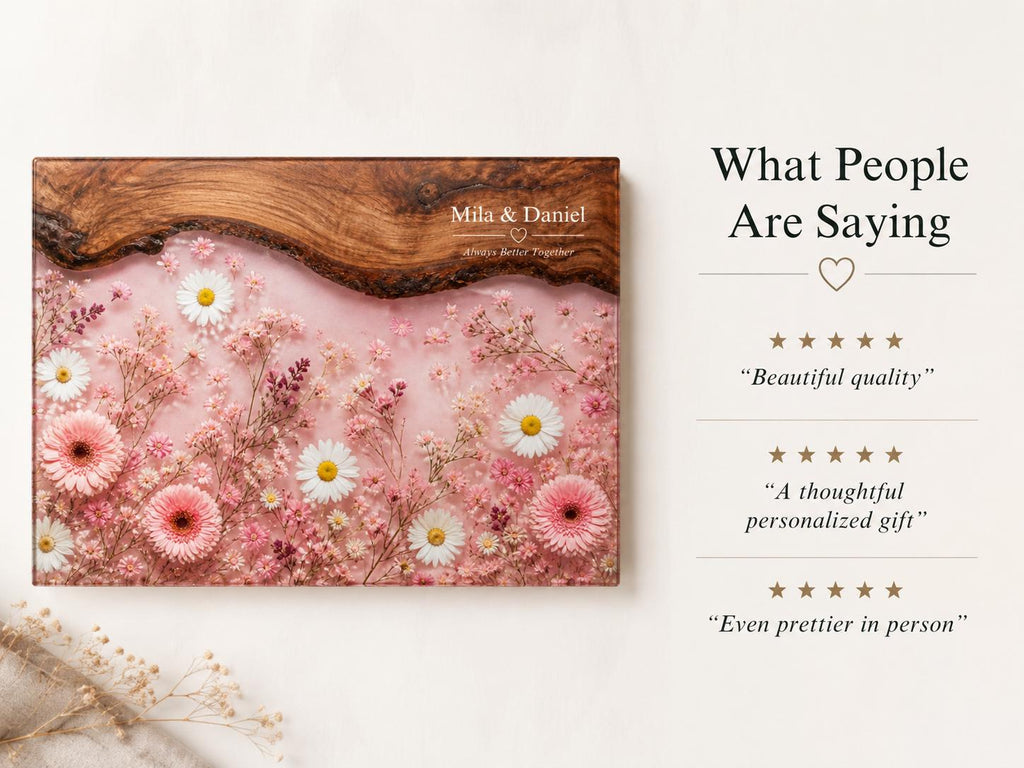 Personalized Pink Daisy Serving Board, Floral Glass Charcuterie Board, Custom Couple Wedding Gift