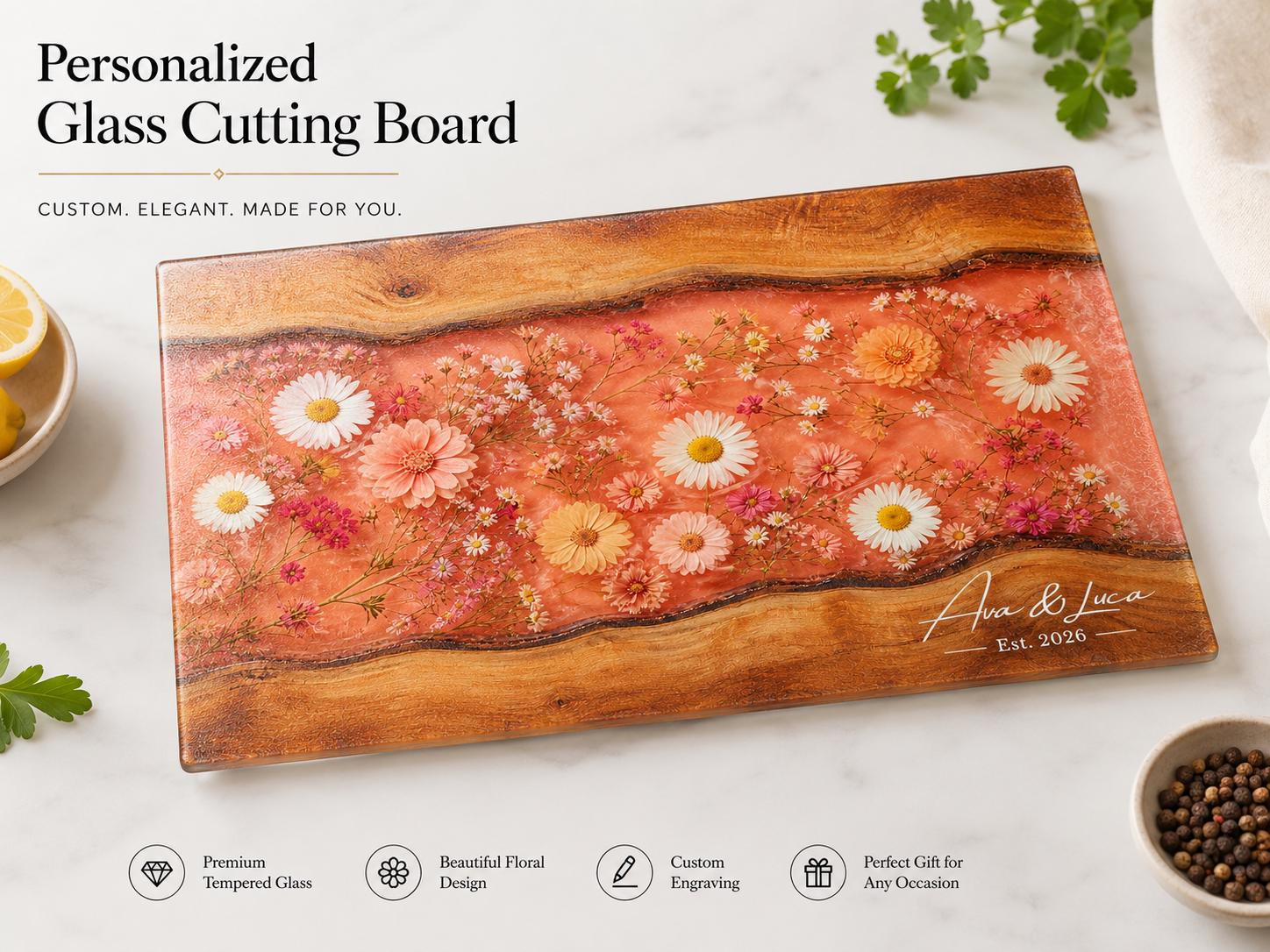 Personalized Floral Kitchen Decor Board, Coral Wildflower Serving Board, Custom Couple Housewarming Gift