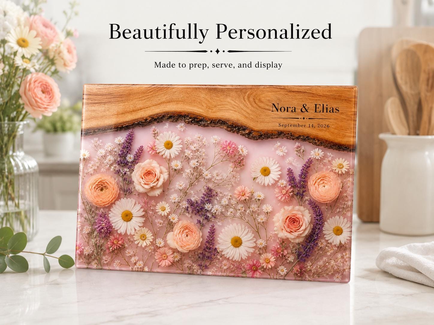 Glass Cutting Board - Purple Geode Design with Custom Couple Names
